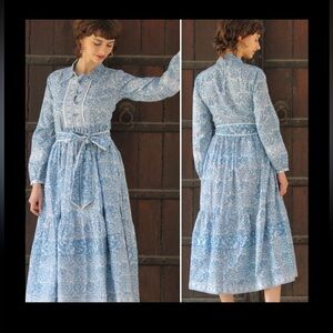 Cyclamen Jaipur Block Print Cotton Midi Dress Blue Peacock Prairie Cottagecore S